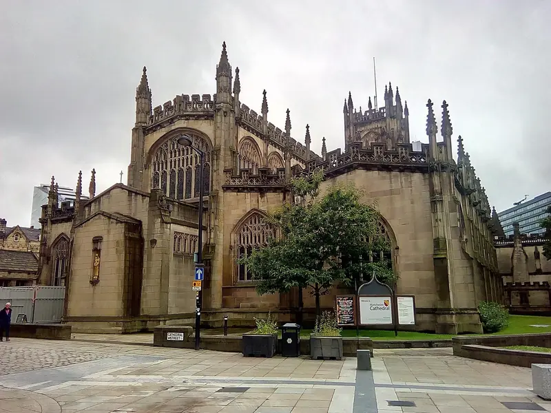Manchester Cathedral and its Gothic stonework in the city centre