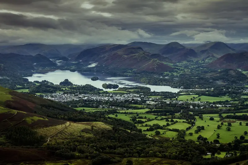 Aerial view over Derwentwater and the fells of the Lake District, England