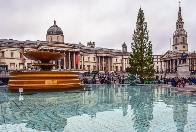 Trafalgar Square fountain and surrounding architecture, London