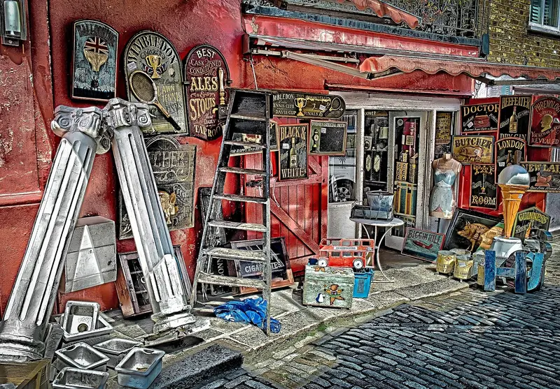Colourful antique shop front in Notting Hill, London