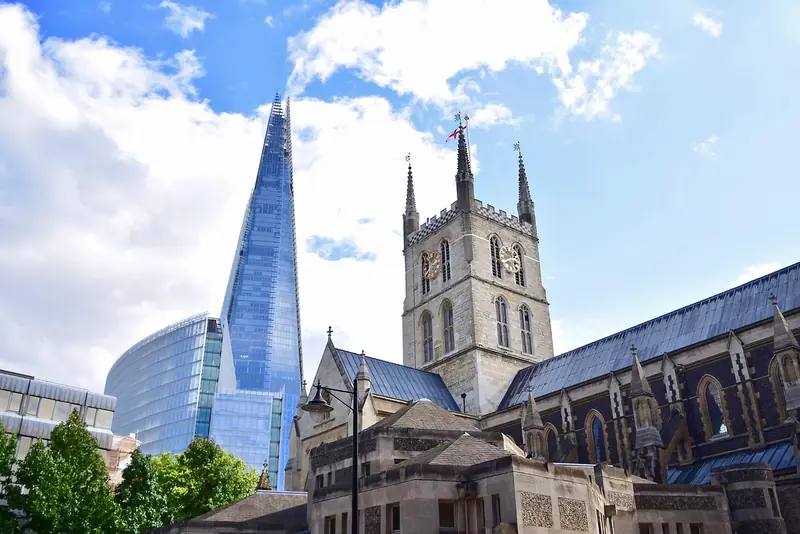 Borough Market with The Shard and Southwark Cathedral in the background, London