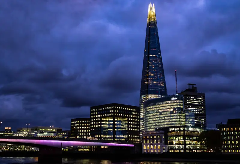 The Shard skyscraper illuminated at night, London