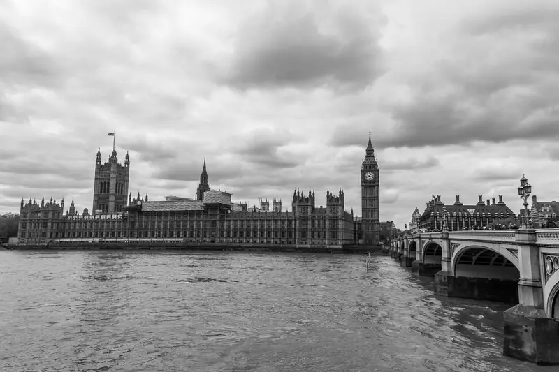 Westminster Abbey and Big Ben viewed across the city, London